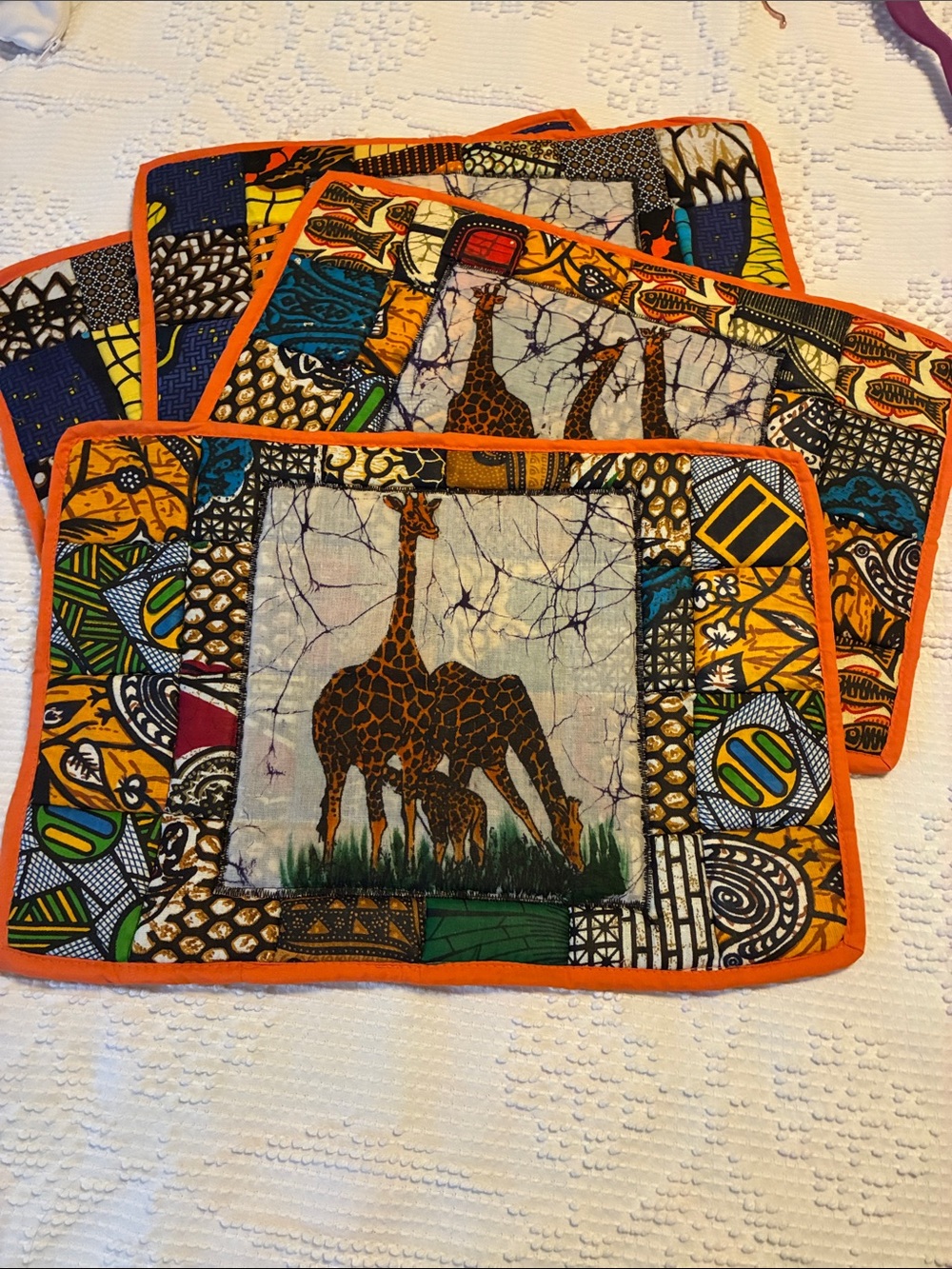 Source Unknown Orange-Trim African Giraffe Patchwork Placemats set of four